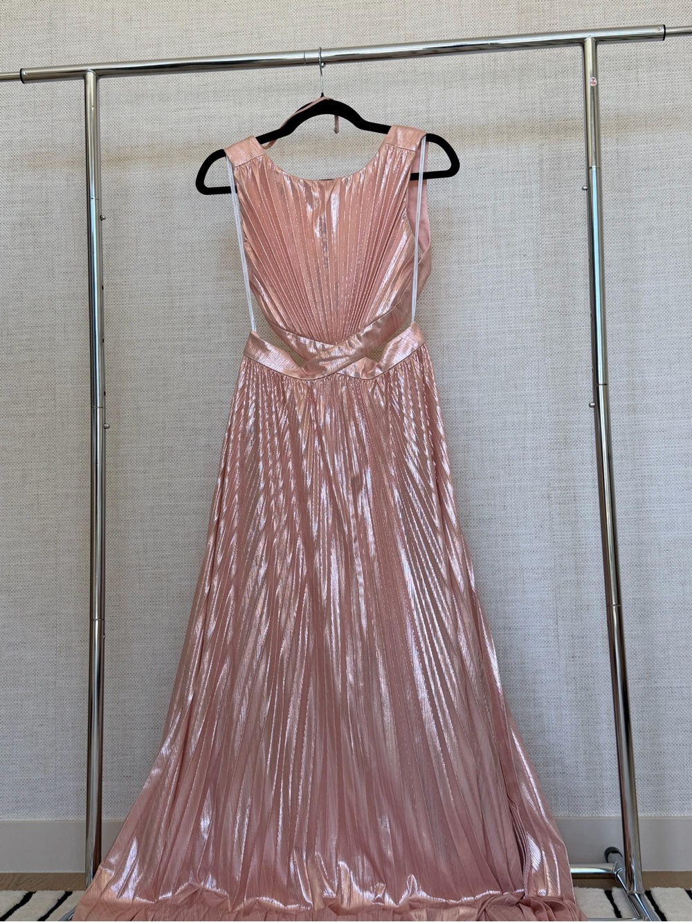 Retrofete Pale Blush Pink Metallic Pleated Dress